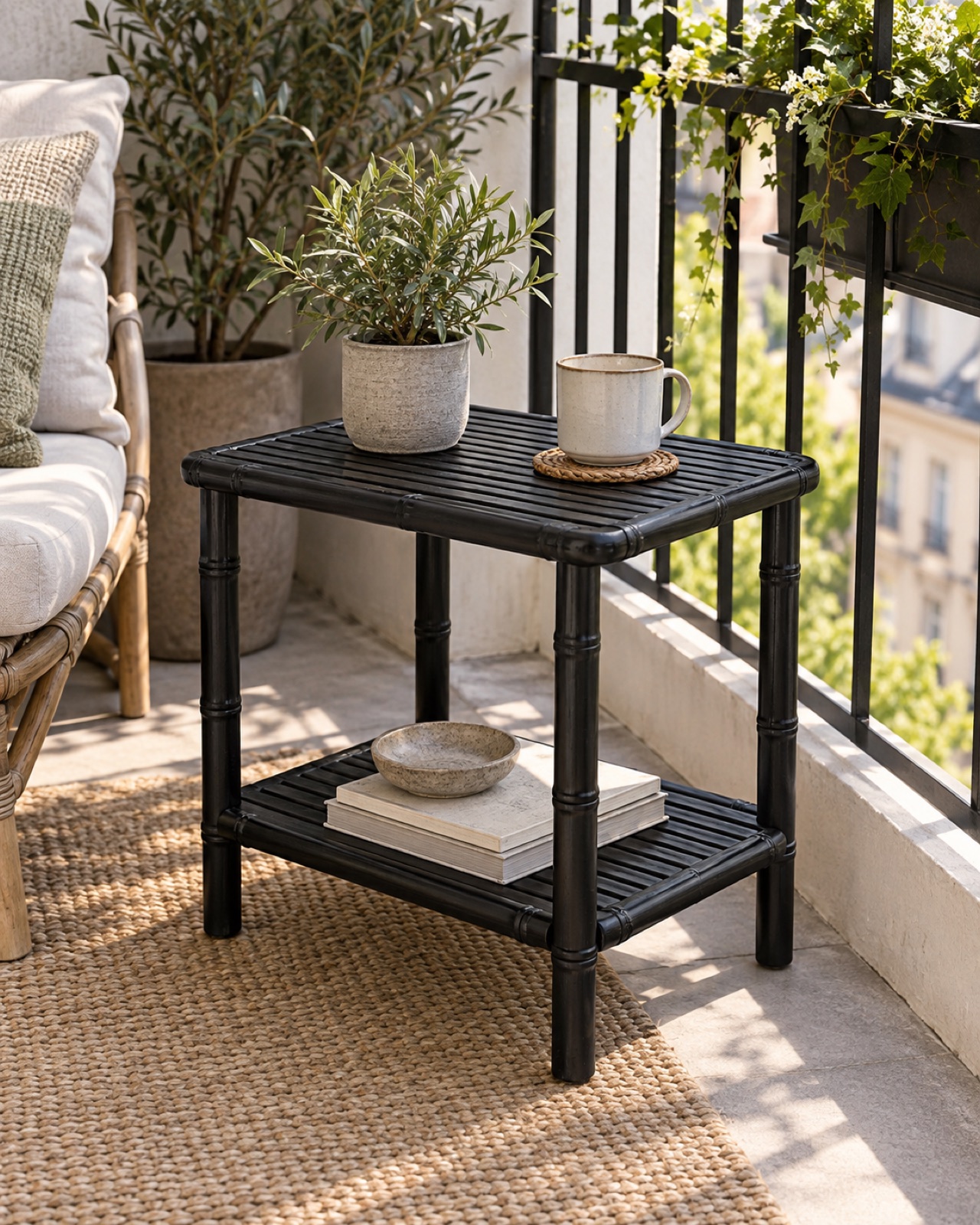 12 Compact Outdoor Side Tables for Small Patios and Balconies AI-generated visualization approximating the black LEJANEOYE bamboo two-tier outdoor side table