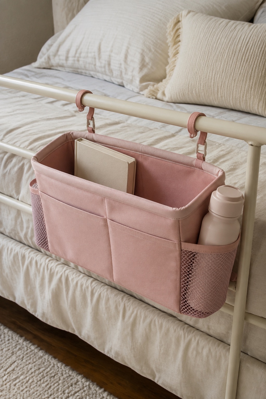 AI-generated visualization approximating the design of the Lilithye Rail-Hanging Bedside Caddy, Pink beside a bed.