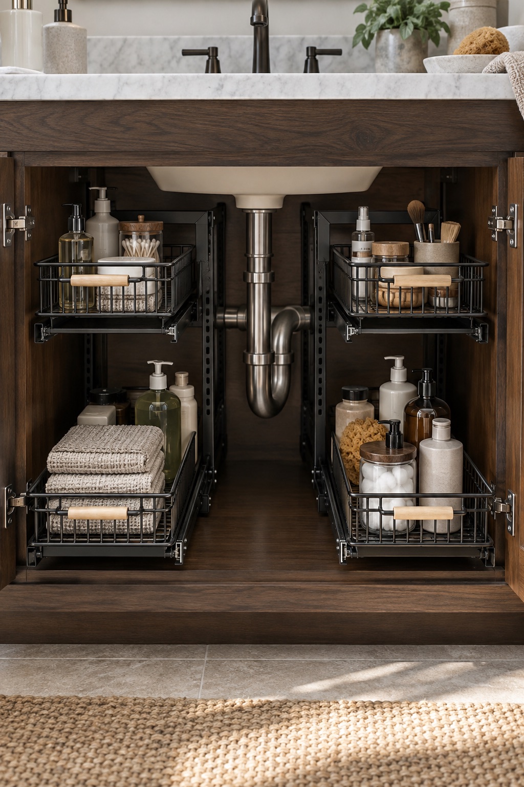 10 Under-Sink Organizers for Pipe-Crowded Bathroom Vanities AI-generated visualization of metal dual-drawer organizers under a bathroom vanity