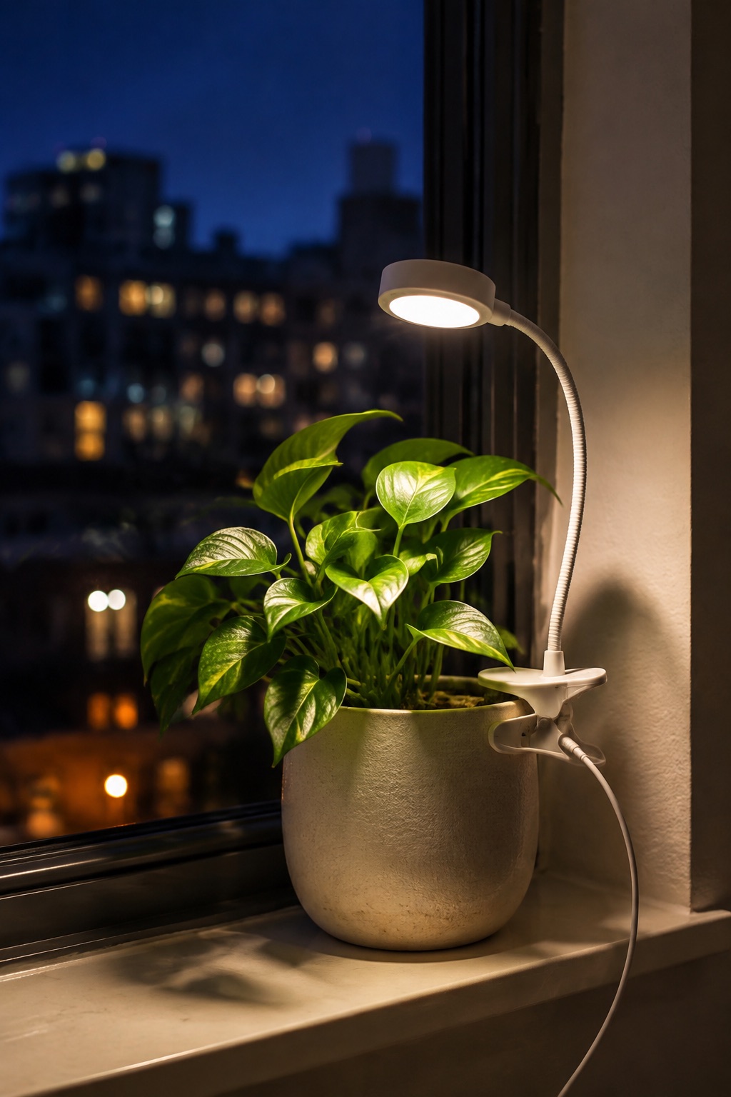 11 Compact Grow Lights for Dark Apartment Plant Shelves and Corners AI-generated visualization approximating a small pot clip grow light over a pothos
