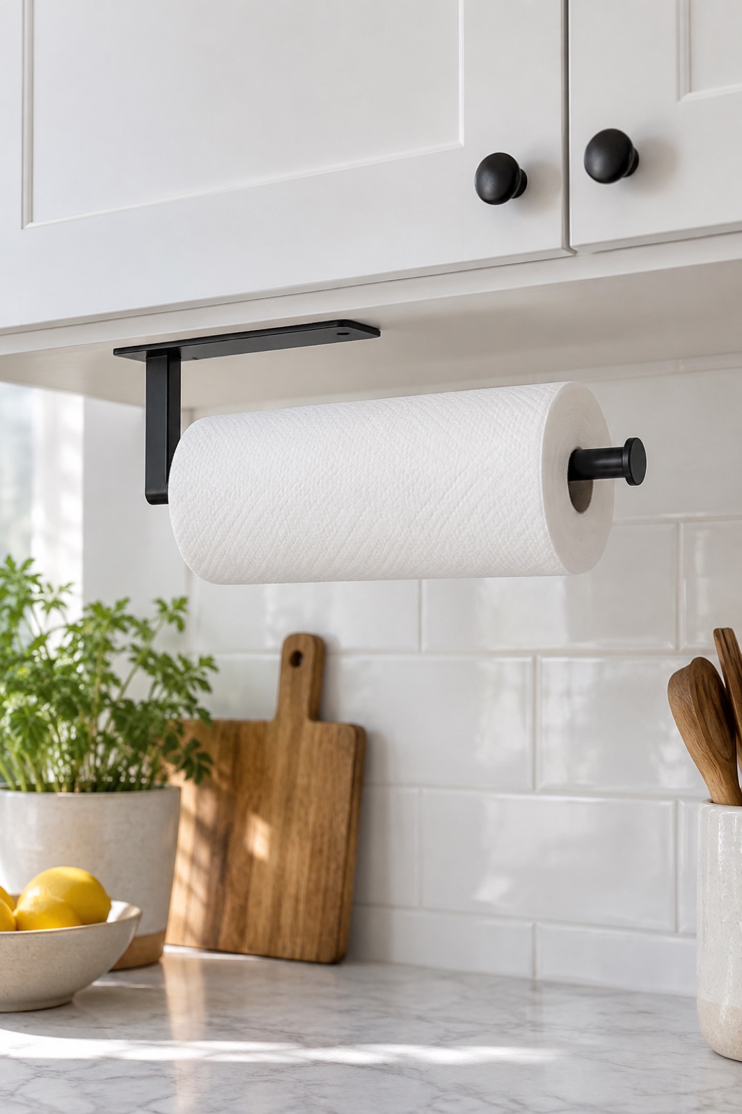 10 Wall-Mounted Paper Towel Holders for Rental Kitchens With Limited Counter Space AI-generated visualization approximating the theaoo black stainless-steel paper towel holder under a white cabinet.