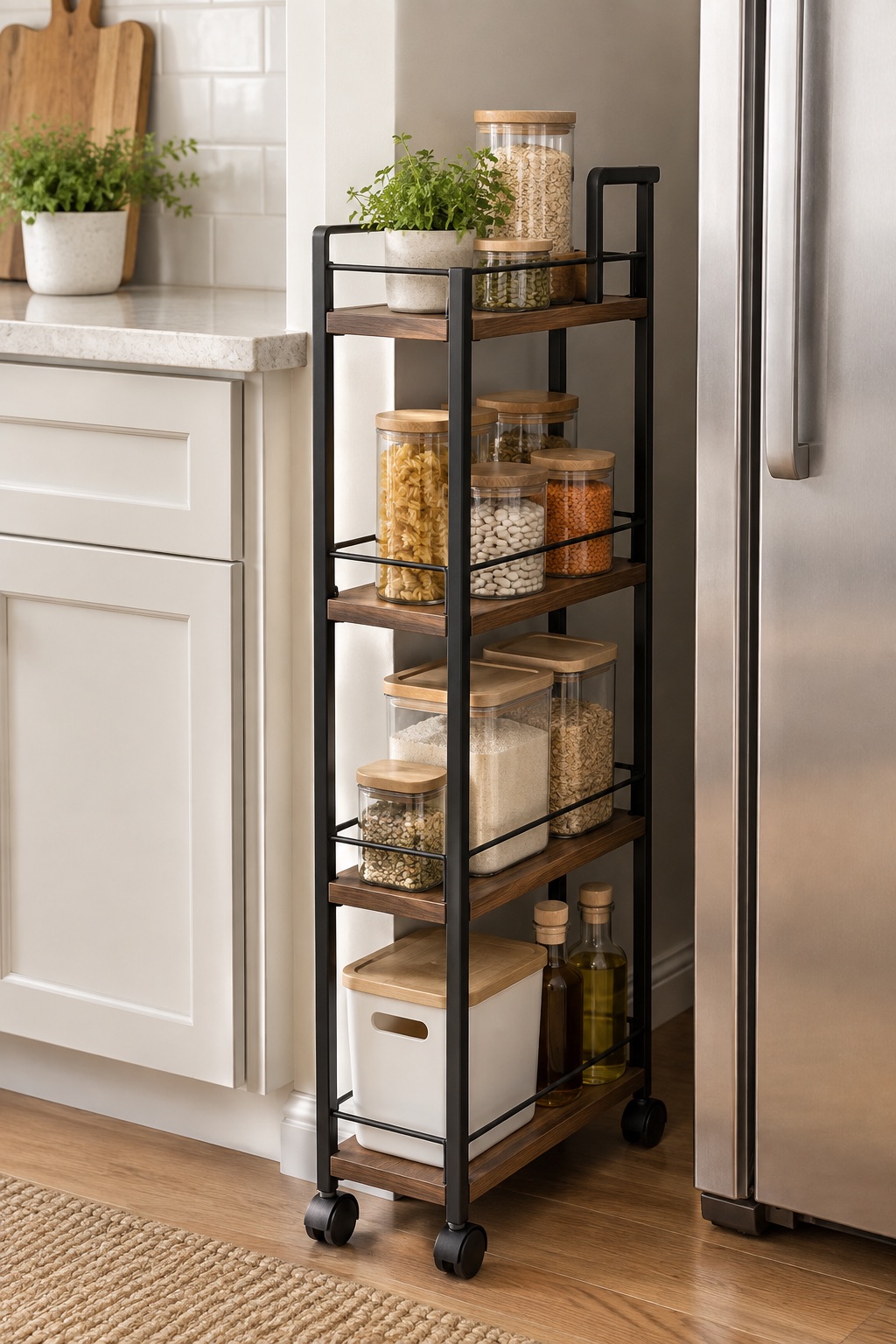 11 Slim Rolling Storage Carts for Awkward Gaps Under 8 Inches AI-generated visualization approximating a narrow four-tier wood-and-metal pantry cart.