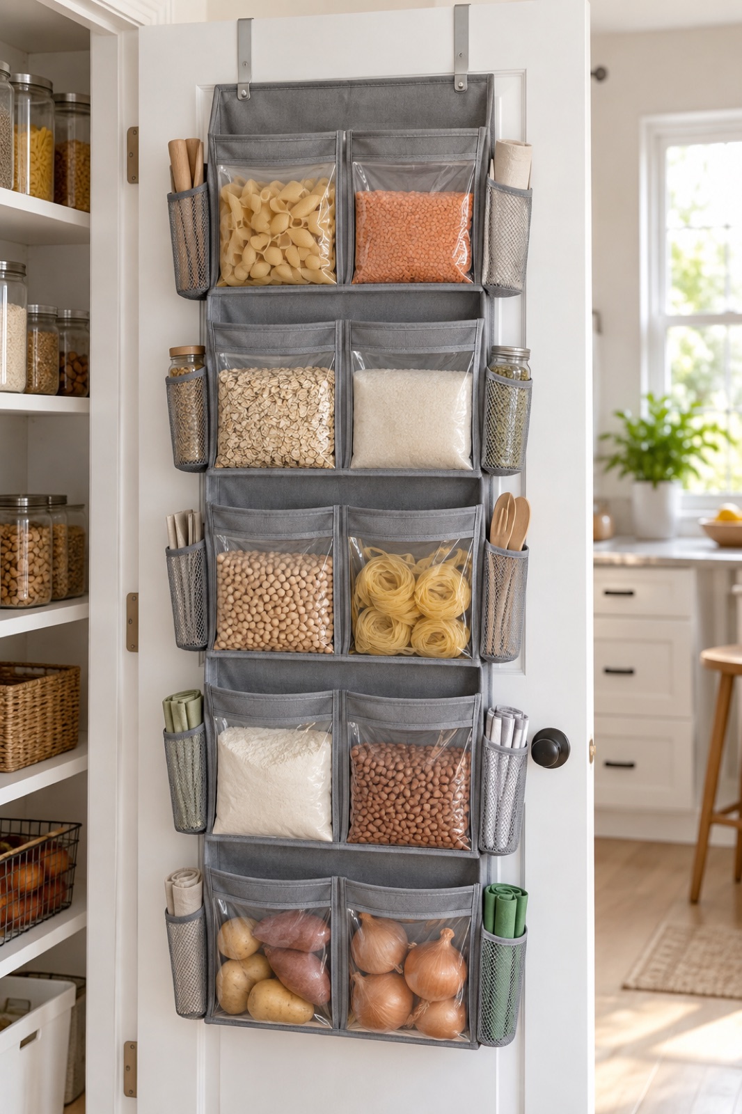 11 Over-the-Door Pantry Organizers for Narrow Kitchen Storage AI-generated visualization approximating the UVIAHOMI gray dual-column five-tier over-door organizer.