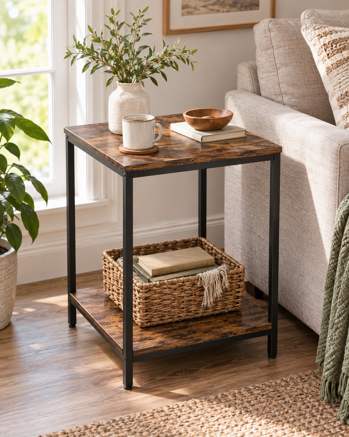 AI-generated visualization approximating the VASAGLE ULET271B01 industrial two-tier side table beside a chair