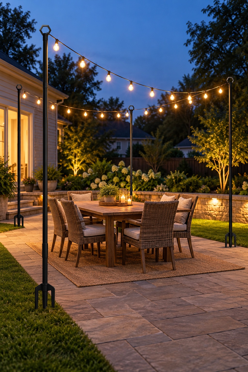 AI-generated visualization approximating the design of zoegi 10-foot string light poles in a backyard.