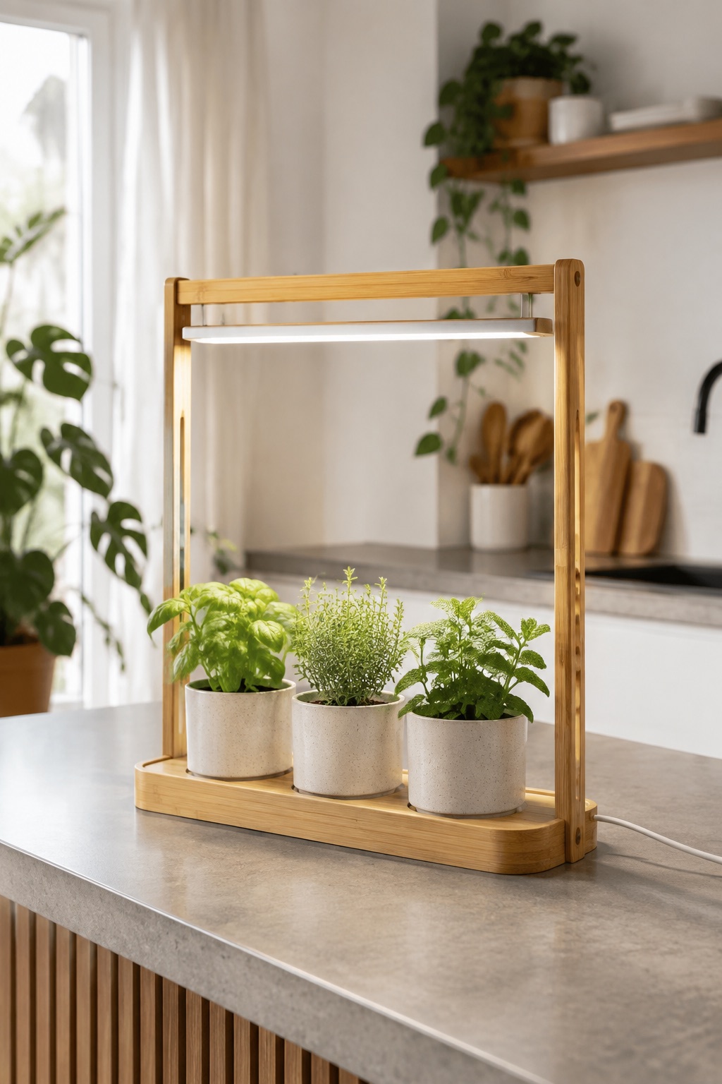 11 Compact Grow Lights for Dark Apartment Plant Shelves and Corners AI-generated visualization approximating a bamboo tabletop grow light over three herb pots