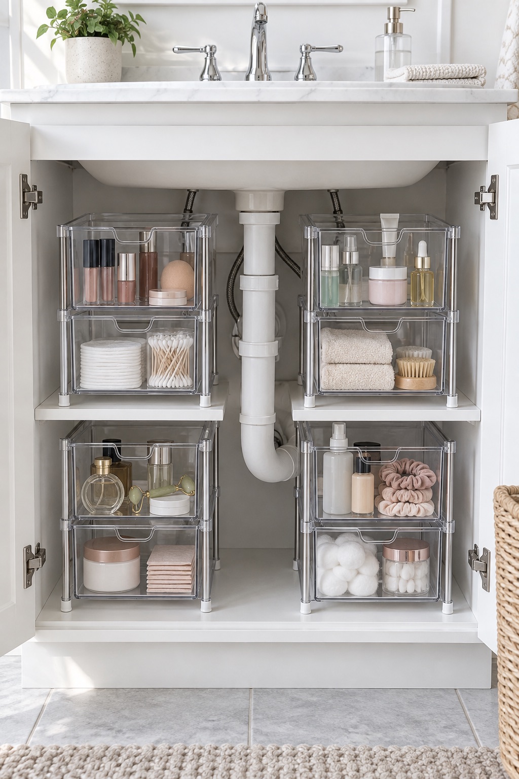 10 Under-Sink Organizers for Pipe-Crowded Bathroom Vanities AI-generated visualization of narrow clear drawers for bathroom cabinet supplies
