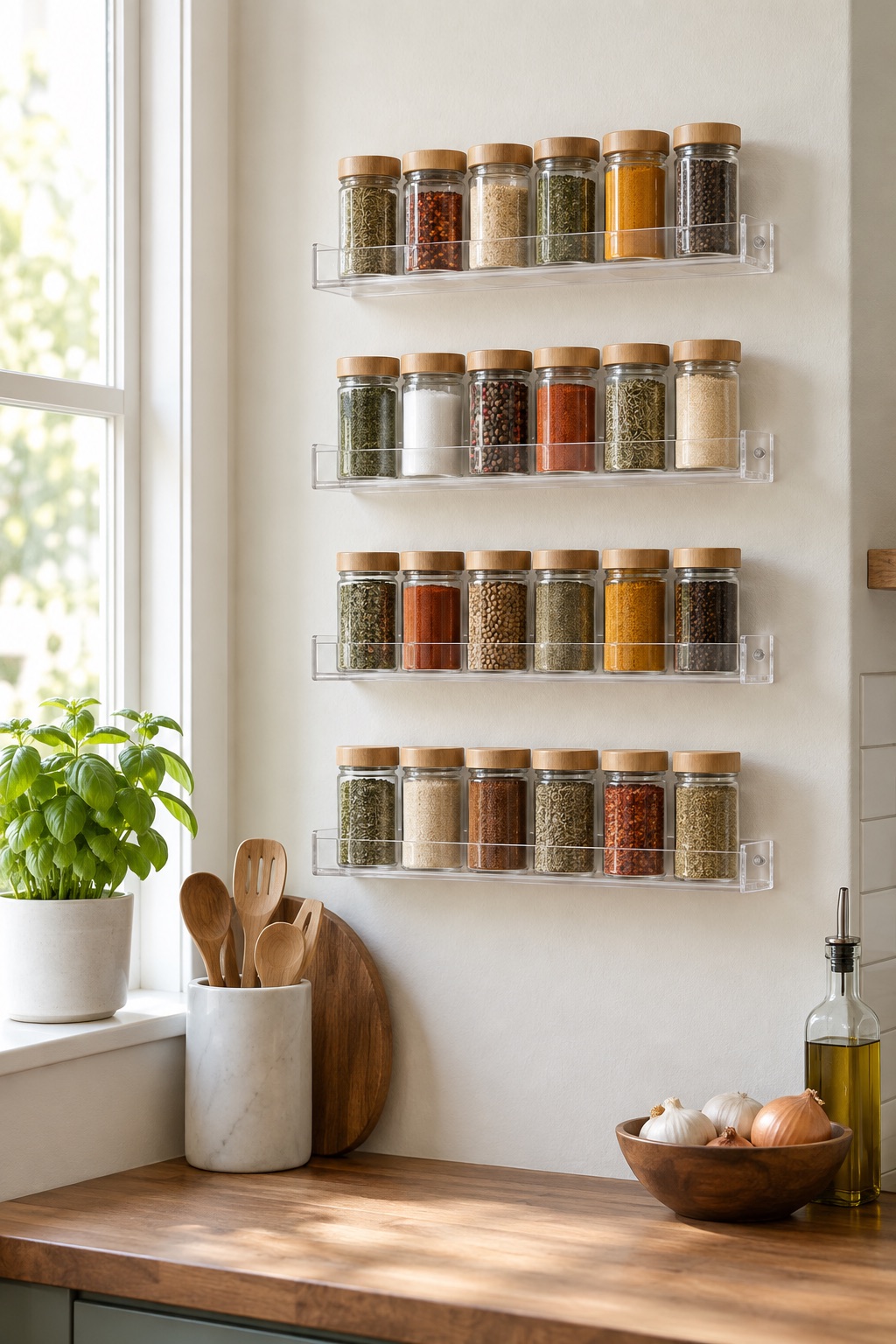 11 Wall-Mounted Spice Racks for Small Kitchens With No Counter Space Four clear acrylic floating spice shelves holding plain jars