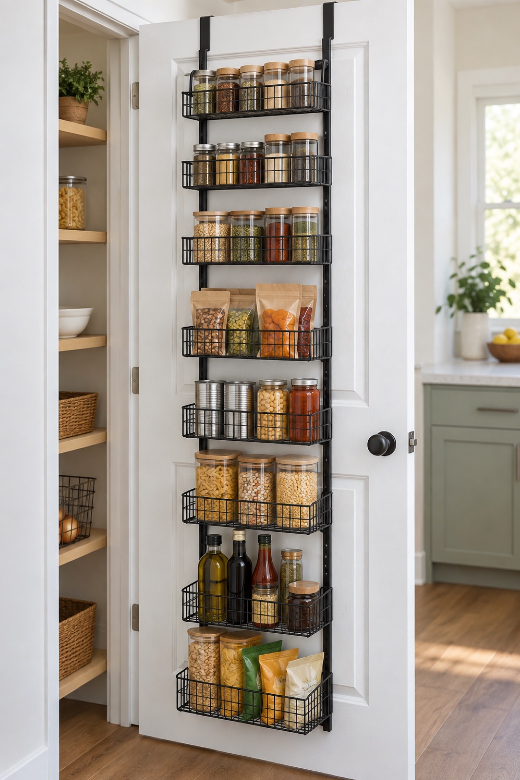 11 Over-the-Door Pantry Organizers for Narrow Kitchen Storage AI-generated visualization approximating the ElegantArray black eight-tier iron over-door pantry organizer.