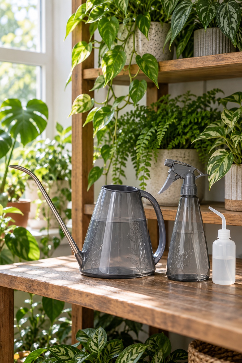 10 Long-Spout Watering Cans for Crowded Plant Shelves and Patio Pots AI-generated visualization accurately approximating the gray Goowin three-piece watering set on an indoor plant shelf.