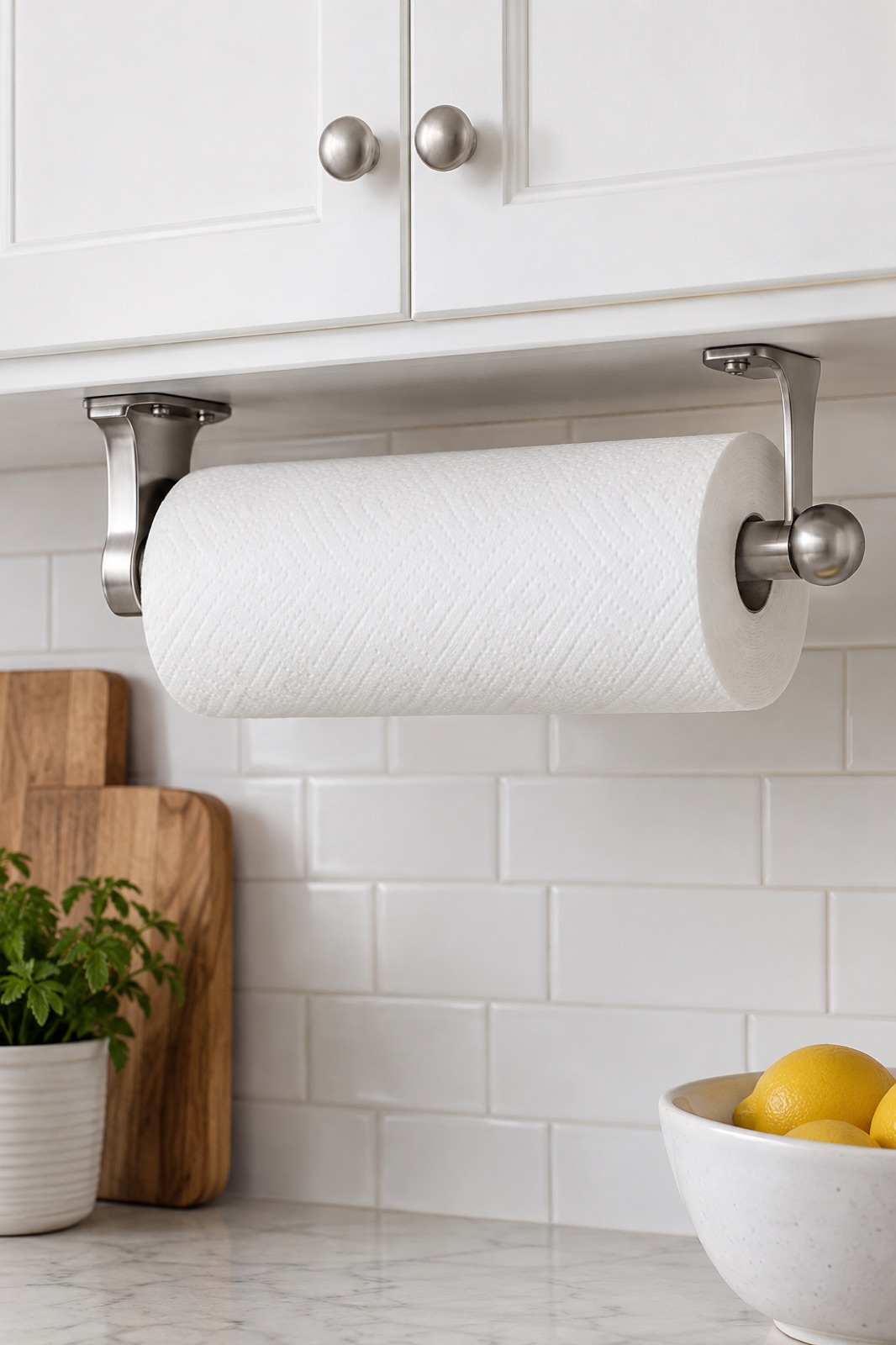 10 Wall-Mounted Paper Towel Holders for Rental Kitchens With Limited Counter Space AI-generated visualization approximating the Kamenstein Perfect Tear silver wall-mount paper towel holder under a cabinet.