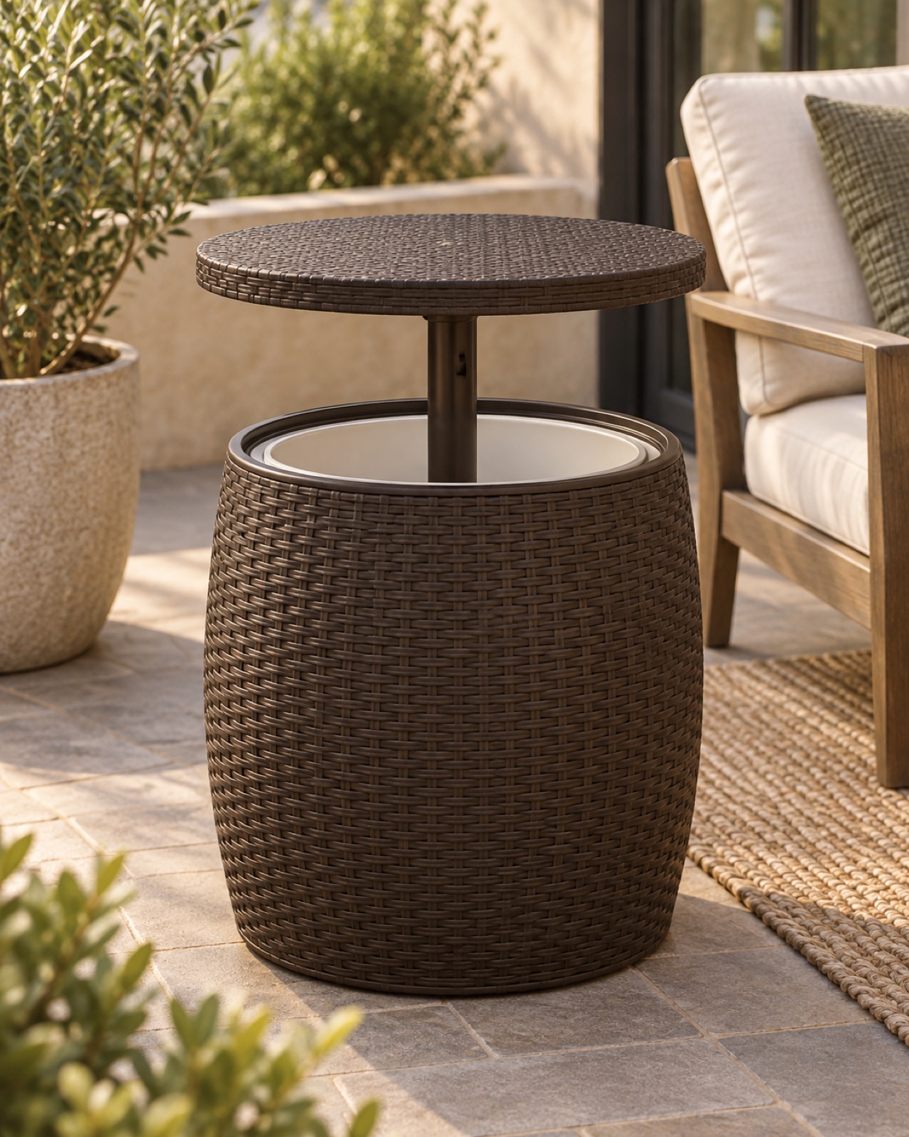 12 Compact Outdoor Side Tables for Small Patios and Balconies AI-generated visualization approximating the espresso-brown Keter Pacific Cool Bar with raised tabletop
