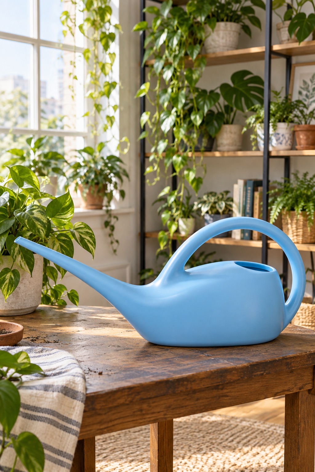 AI-generated visualization approximating the sky-blue Root & Vessel one-gallon indoor watering can.