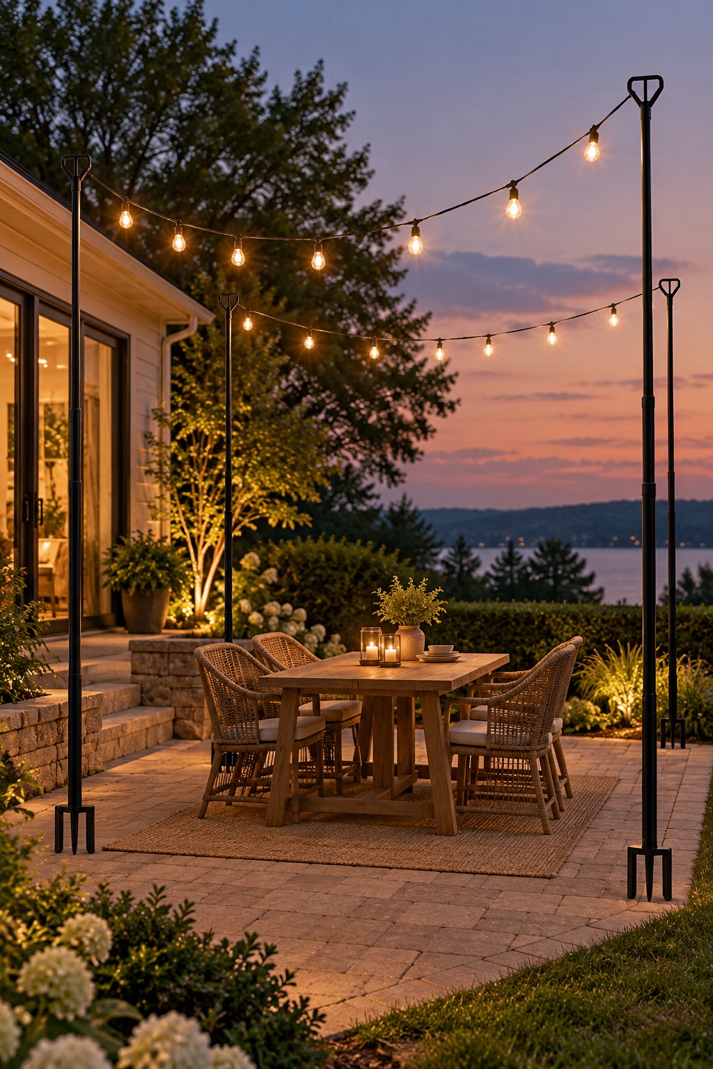 AI-generated visualization approximating the design of SINLEY V-head string light poles beside a patio.