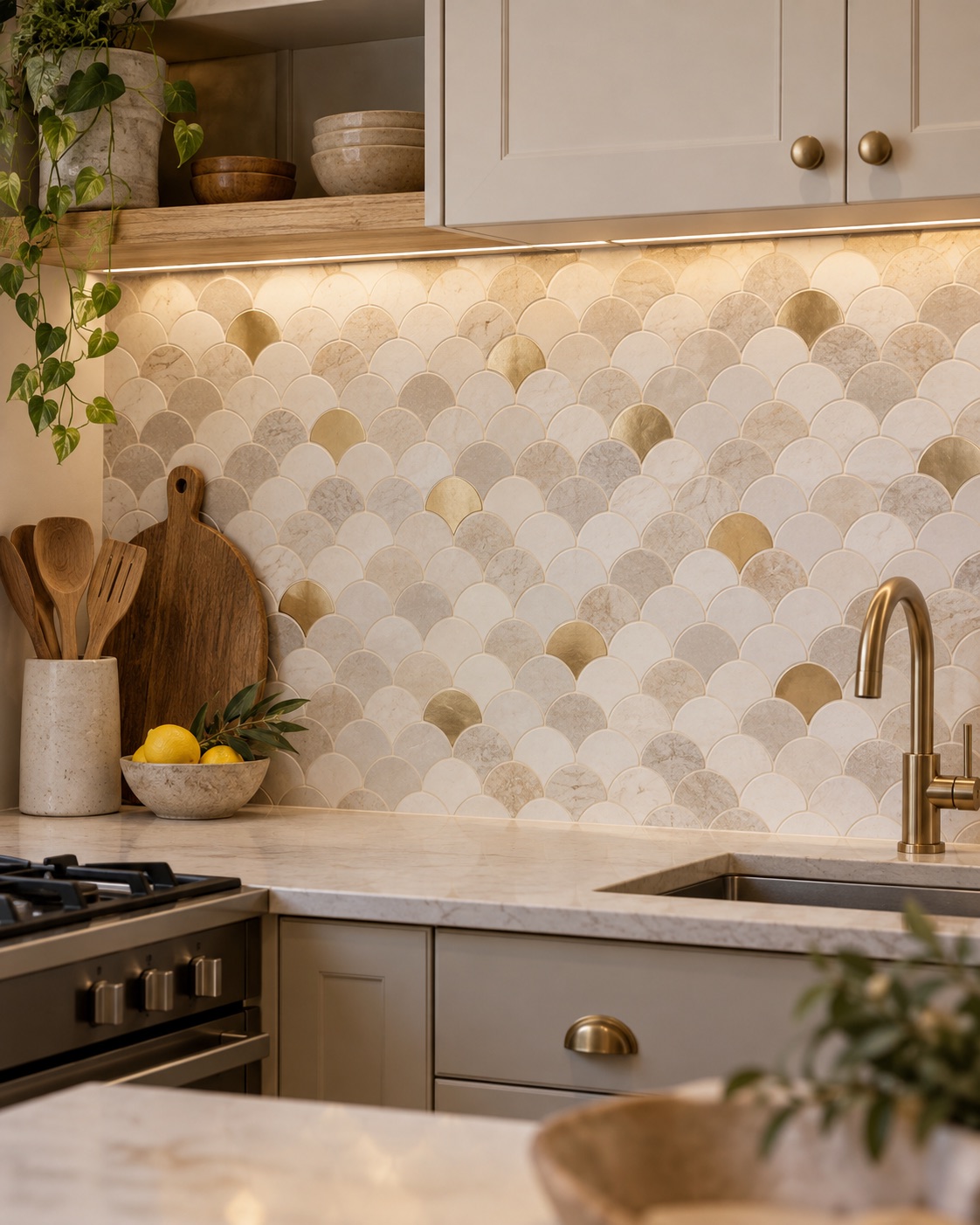 White beige and light gold fish-scale mosaic backsplash in a small kitchen