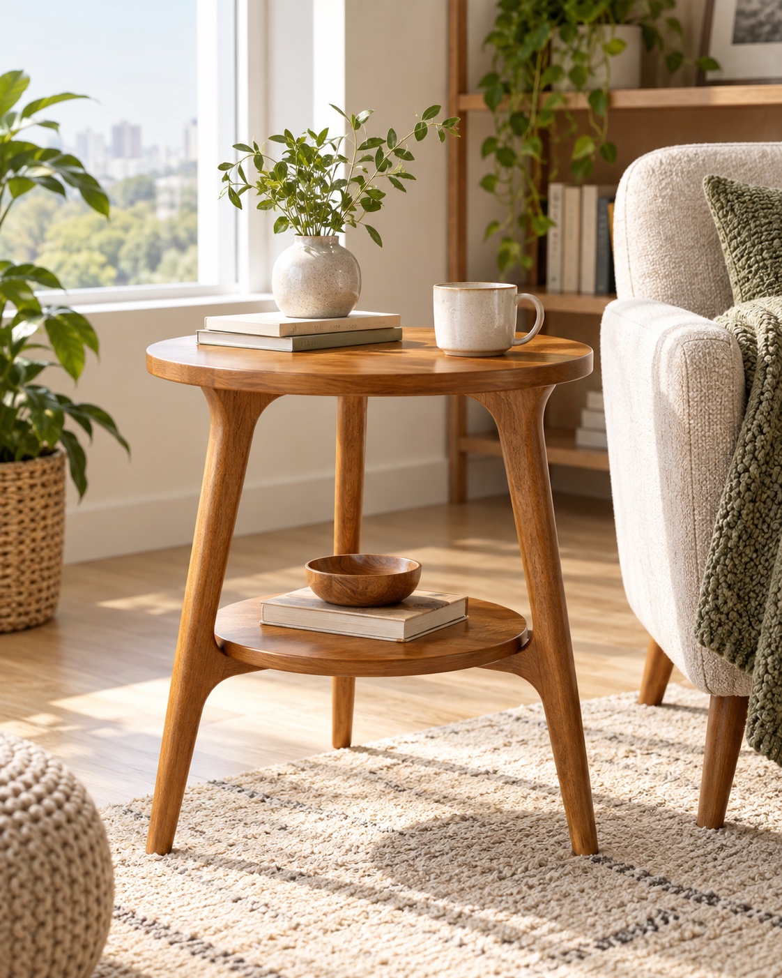 AI-generated visualization approximating the VASAGLE ULET283T41 round side table with lower shelf in a compact room