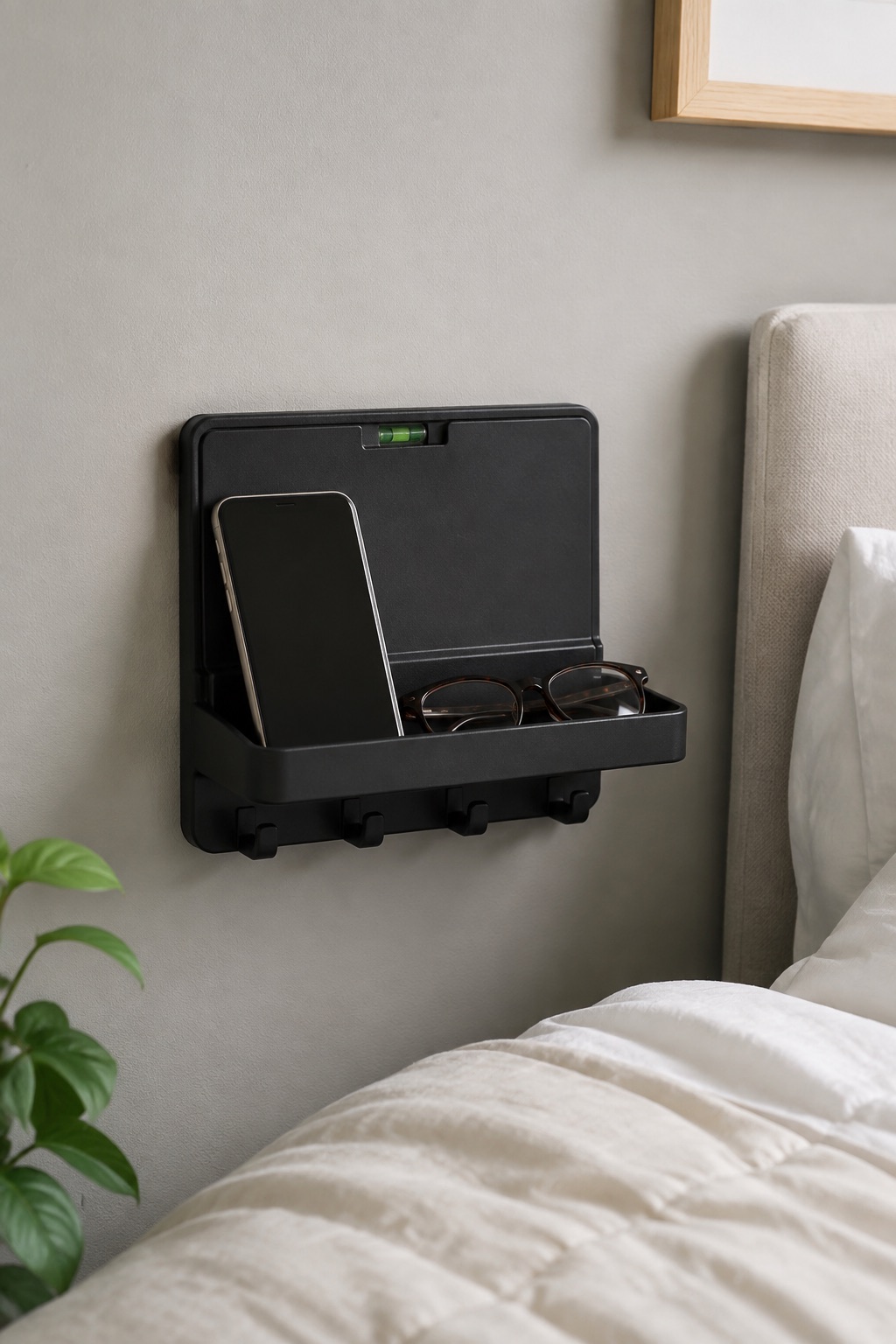 AI-generated visualization approximating the design of the WallShelfie Bedside Wall Organizer, Black beside a bed.