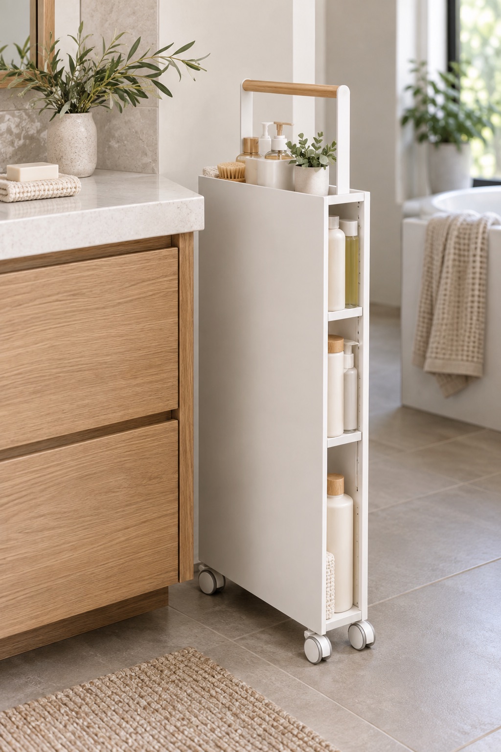 11 Slim Rolling Storage Carts for Awkward Gaps Under 8 Inches AI-generated visualization approximating a slim white steel bathroom cart with a wood detail.