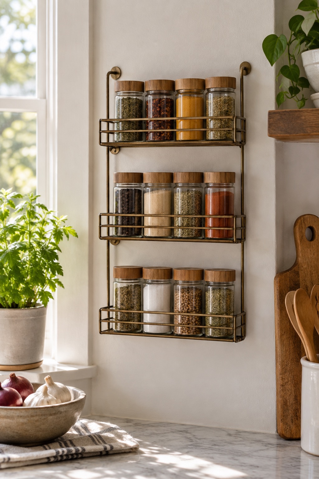 11 Wall-Mounted Spice Racks for Small Kitchens With No Counter Space Bronze wire three-tier spice rack mounted on a kitchen wall