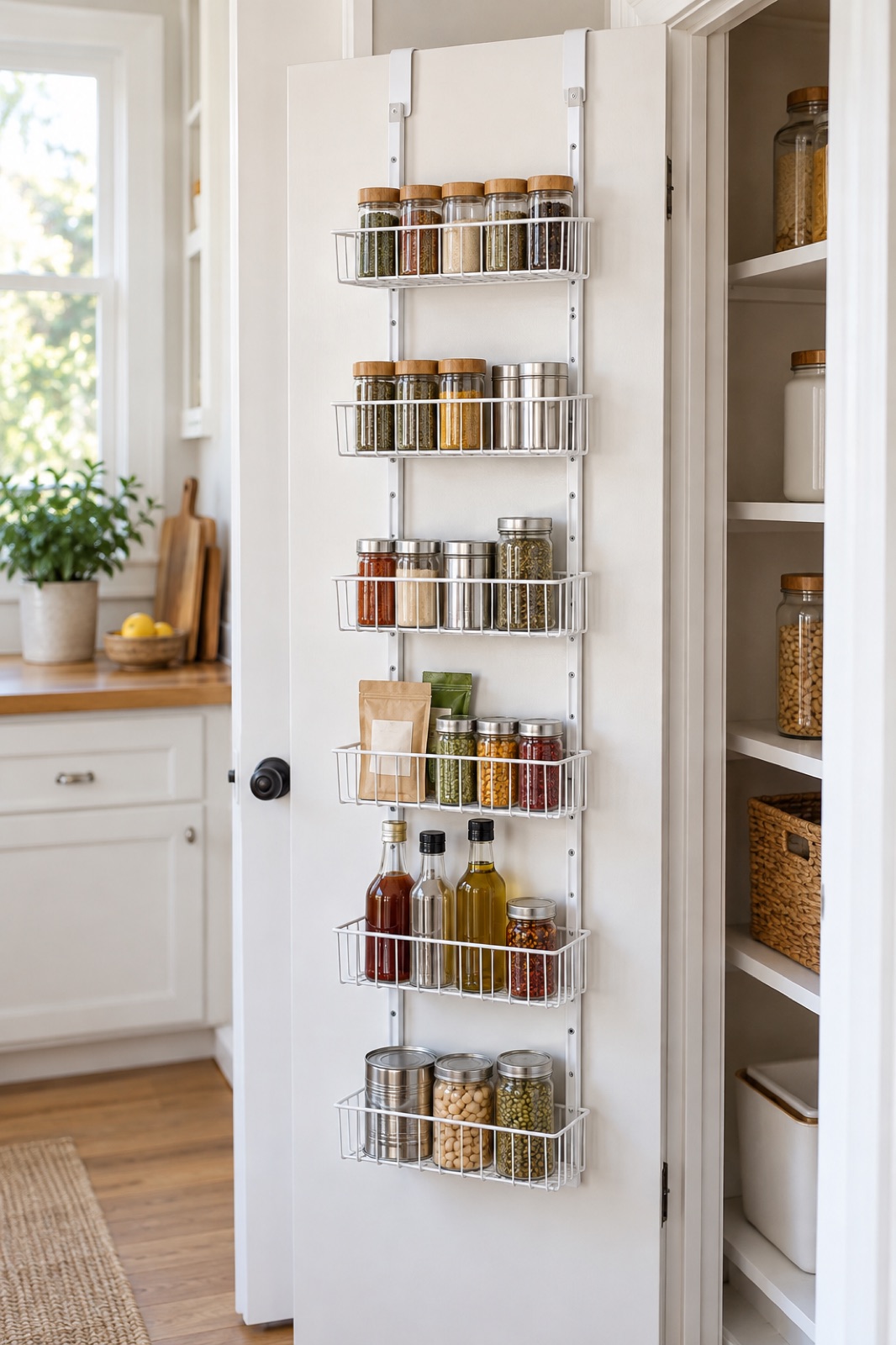 11 Over-the-Door Pantry Organizers for Narrow Kitchen Storage AI-generated visualization approximating the Delamu white six-tier small over-door pantry organizer.