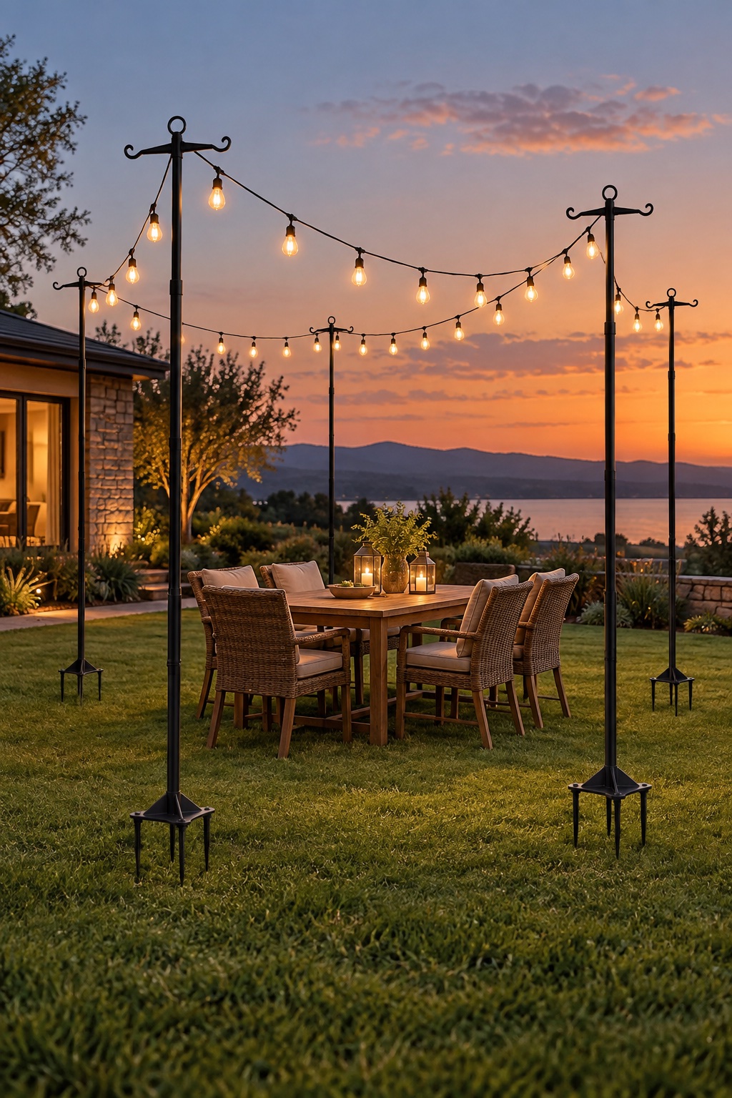 AI-generated visualization approximating the design of Julevance crossbar string light poles on a lawn.