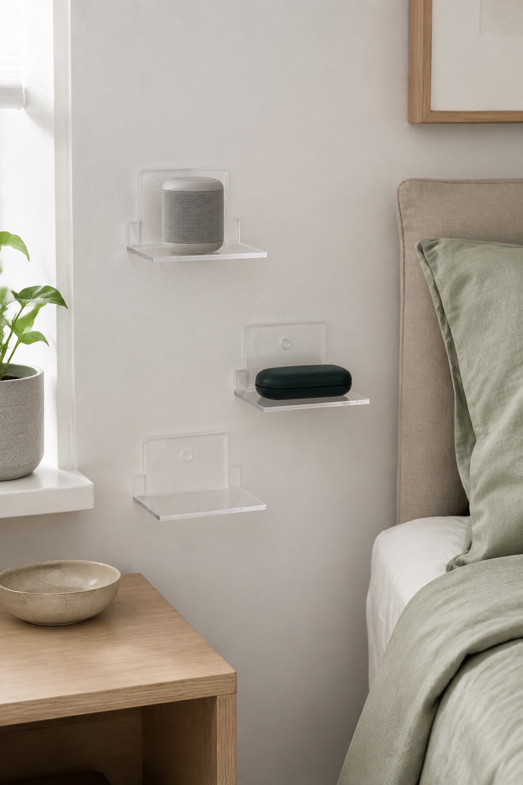 AI-generated visualization approximating the design of the OAPRIRE Four-Inch Clear Wall Shelves, Set of Three beside a bed.