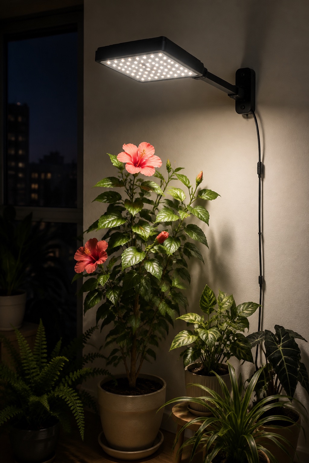 11 Compact Grow Lights for Dark Apartment Plant Shelves and Corners AI-generated visualization approximating a wall-mounted grow light over indoor plants
