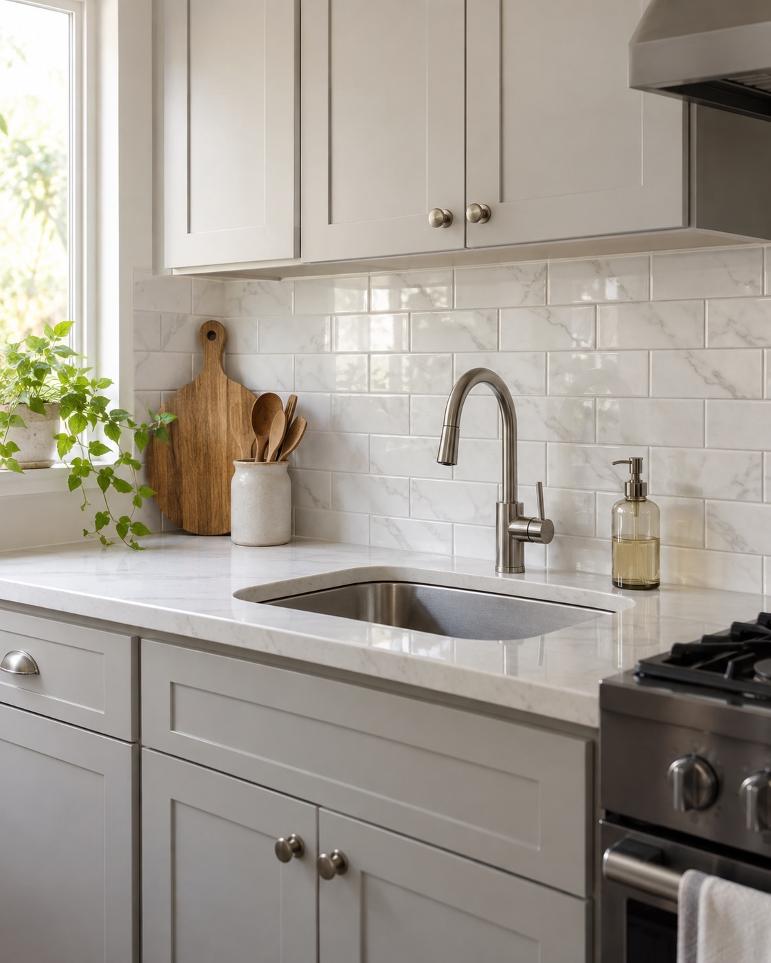 Dolomite mist 3-by-6-inch subway backsplash in a compact kitchen