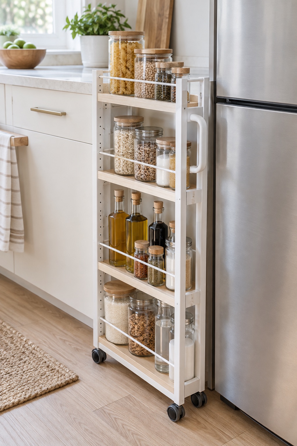 11 Slim Rolling Storage Carts for Awkward Gaps Under 8 Inches AI-generated visualization approximating a white four-tier slide-out cart with light wood shelves.
