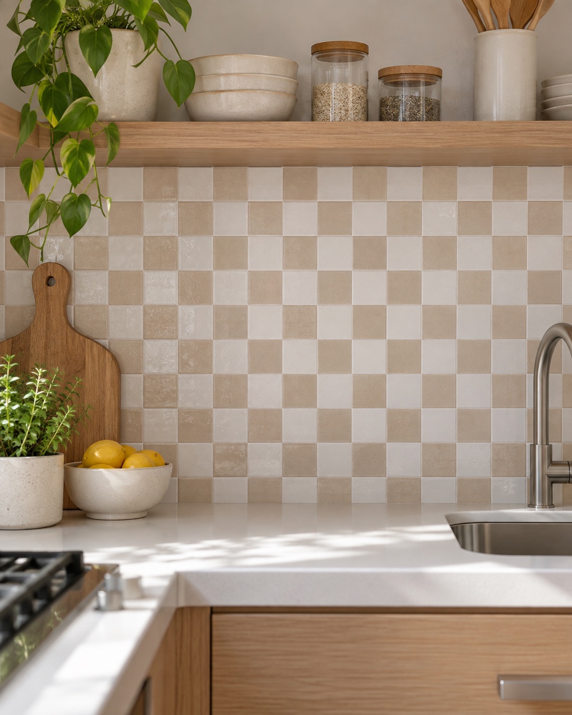 Beige and ivory checker peel-and-stick backsplash in a small kitchen