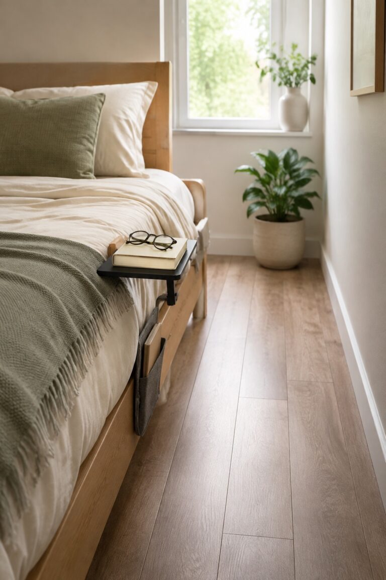 AI-generated view of a narrow bedroom with a clip-on bedside tray, hanging pocket, and clear floor aisle.