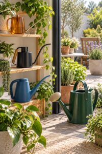A collection of long-spout watering cans arranged among indoor plants and patio herbs.