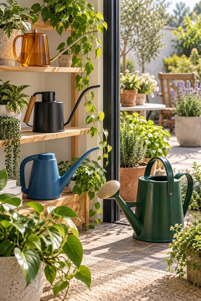 A collection of long-spout watering cans arranged among indoor plants and patio herbs.