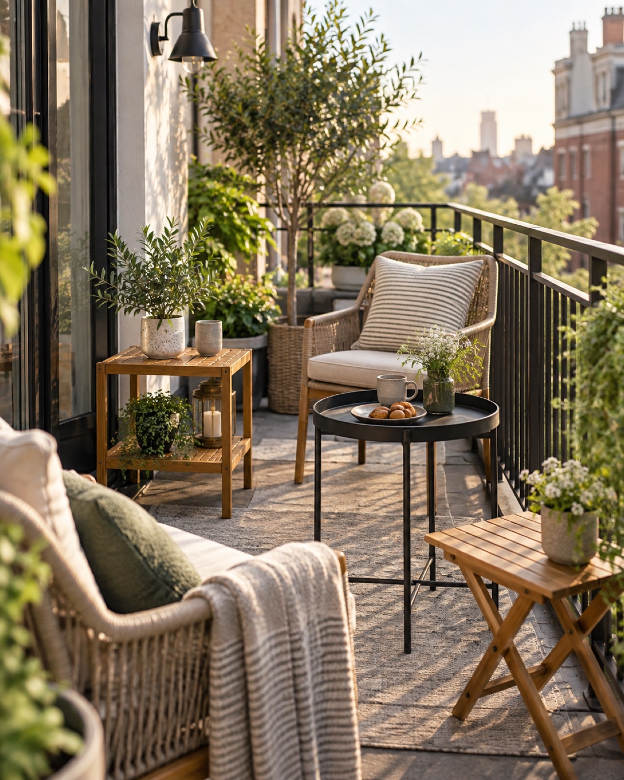 Compact outdoor side tables arranged on a narrow plant-filled balcony