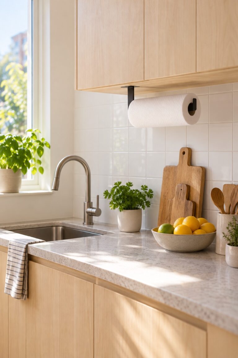 Compact rental kitchen with a black under-cabinet paper towel holder and a clear countertop.
