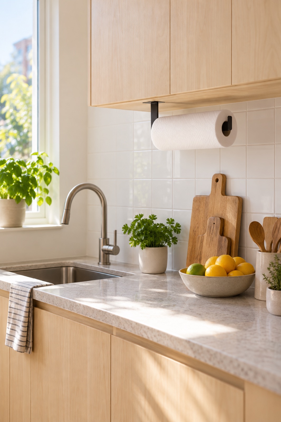 Compact rental kitchen with a black under-cabinet paper towel holder and a clear countertop.