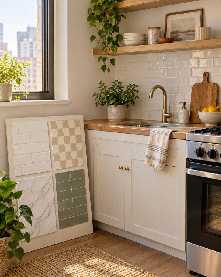 Peel-and-stick backsplash samples in a compact rental kitchen