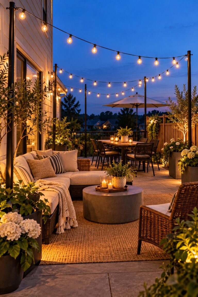 Cozy renter-friendly patio illuminated by string lights suspended from freestanding poles.