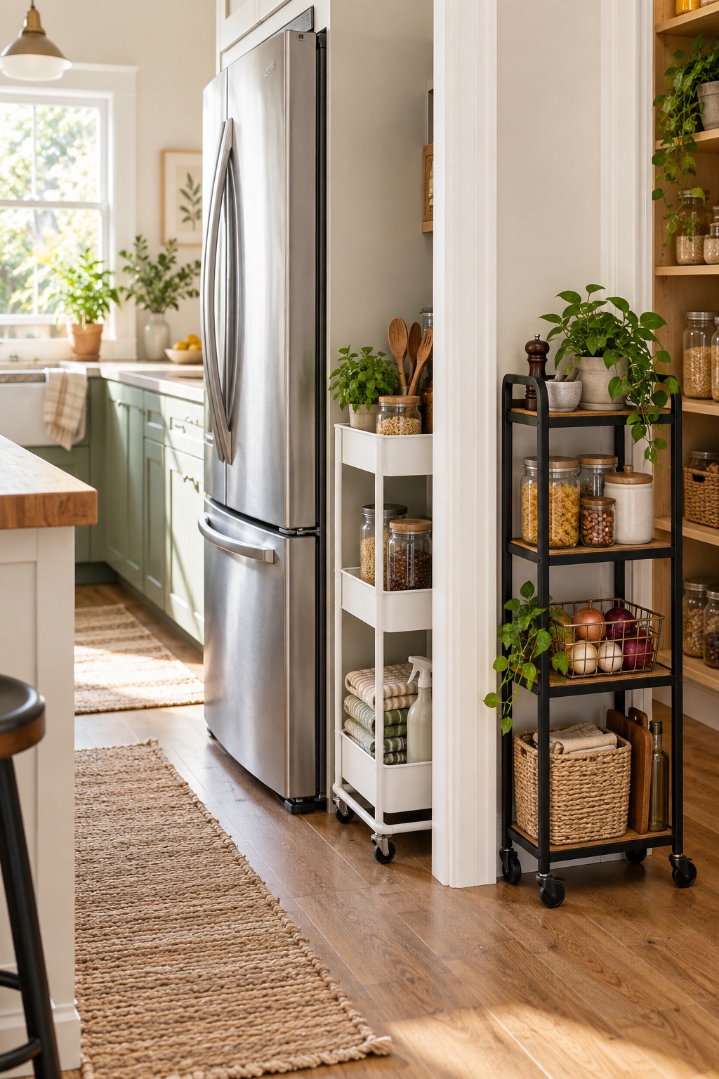 Organized small kitchen with two slim rolling storage carts in narrow gaps.