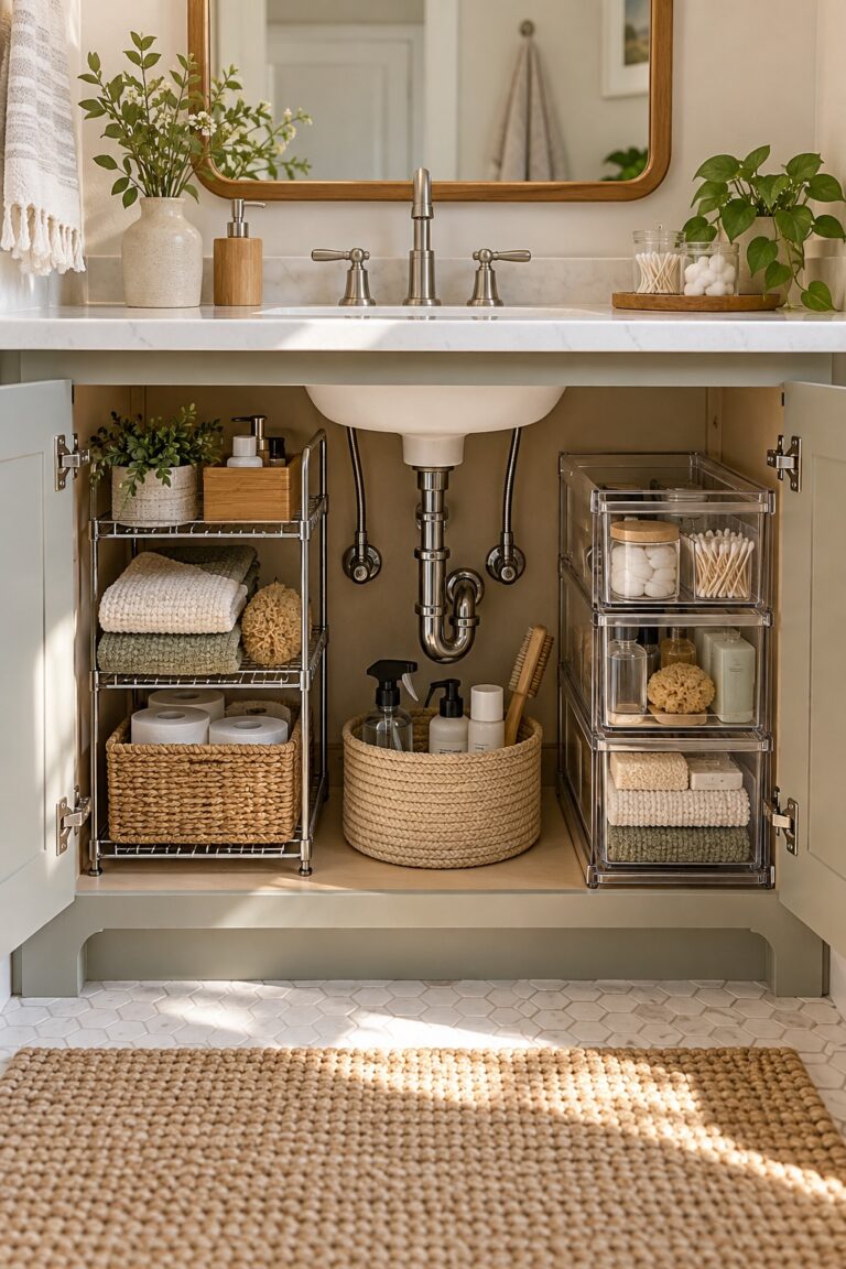 AI-generated visualization of a tidy bathroom vanity with organized under-sink storage