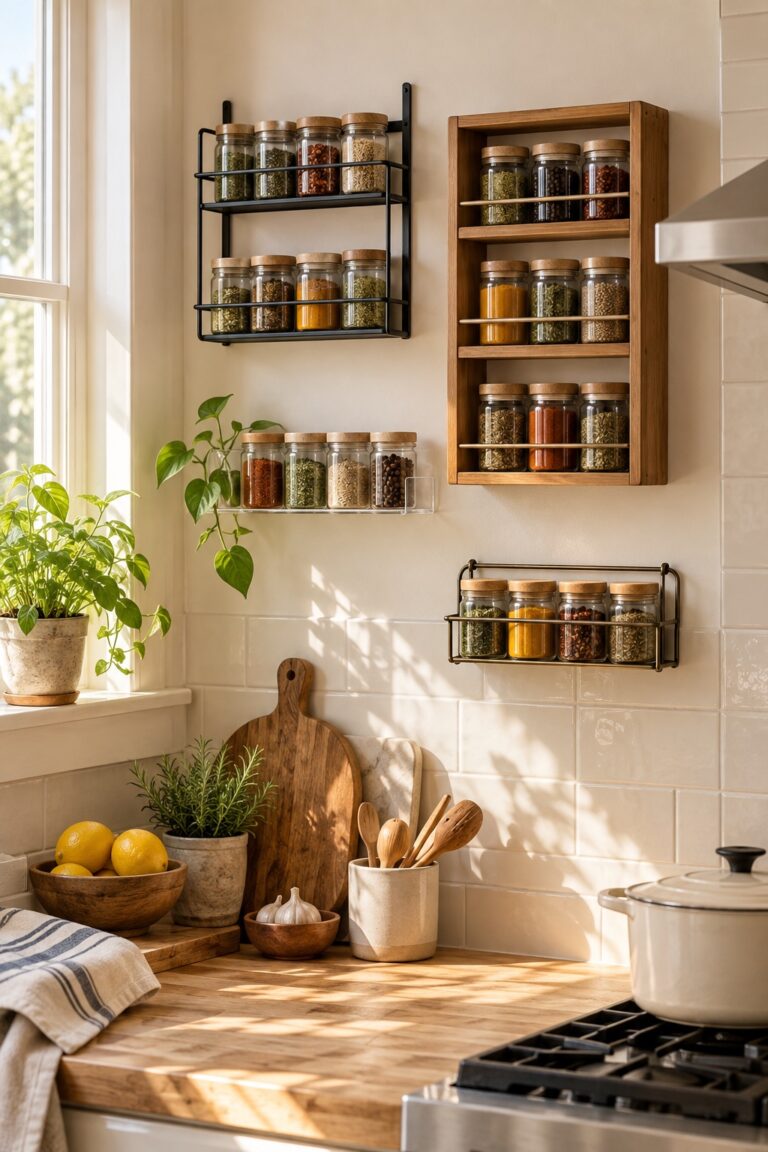 Wall-mounted spice racks with plain spice jars on a compact kitchen wall