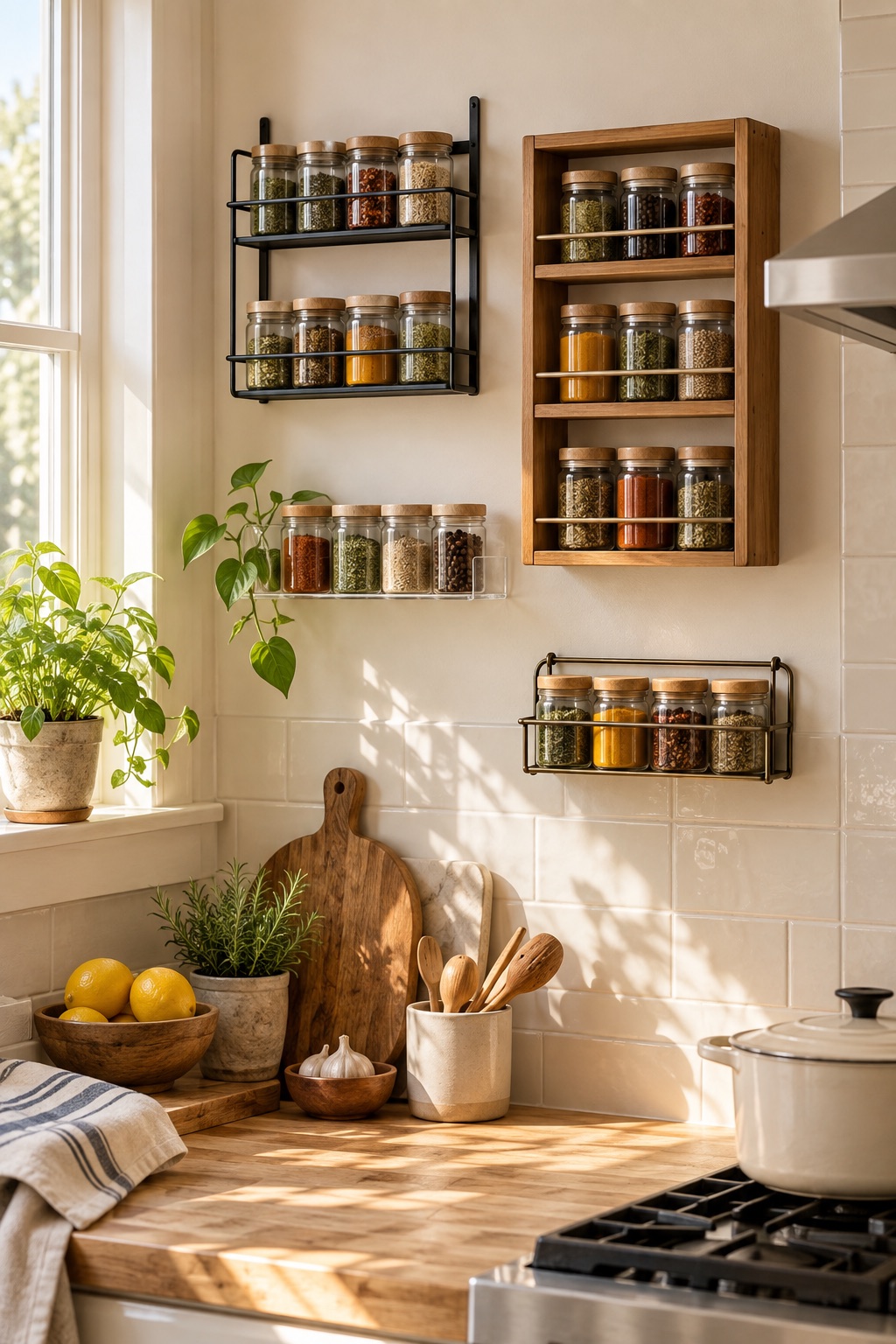 Wall-mounted spice racks with plain spice jars on a compact kitchen wall