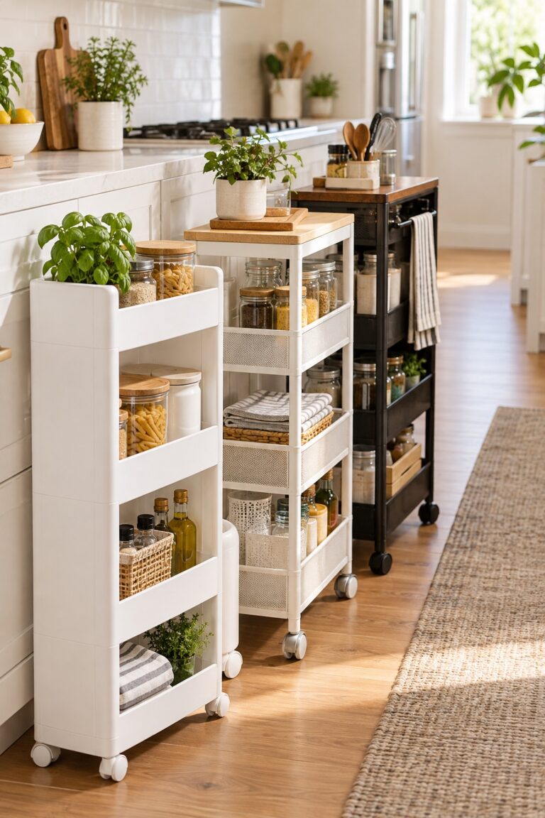 Slim rolling storage carts arranged in a compact kitchen