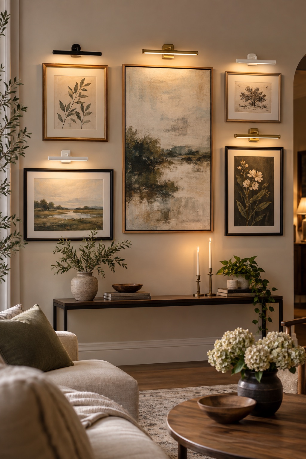 Cordless picture lights illuminating a curated gallery wall in a warm living room