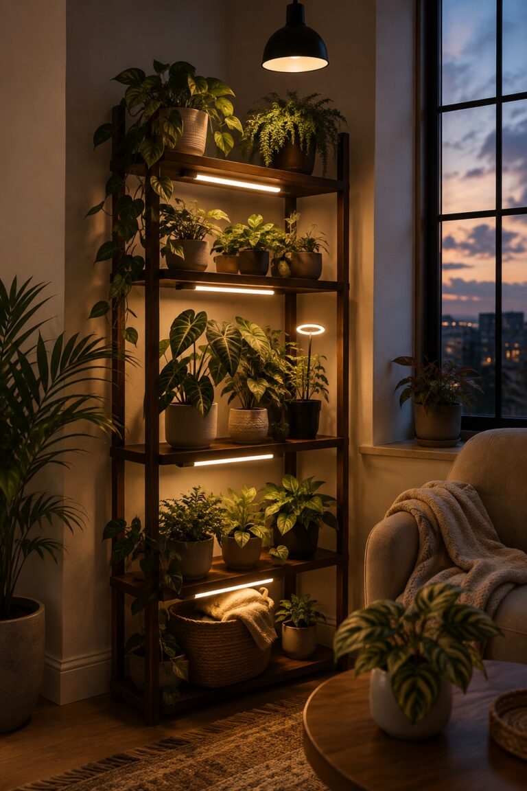 Compact apartment plant shelf illuminated by multiple generic grow lights at dusk