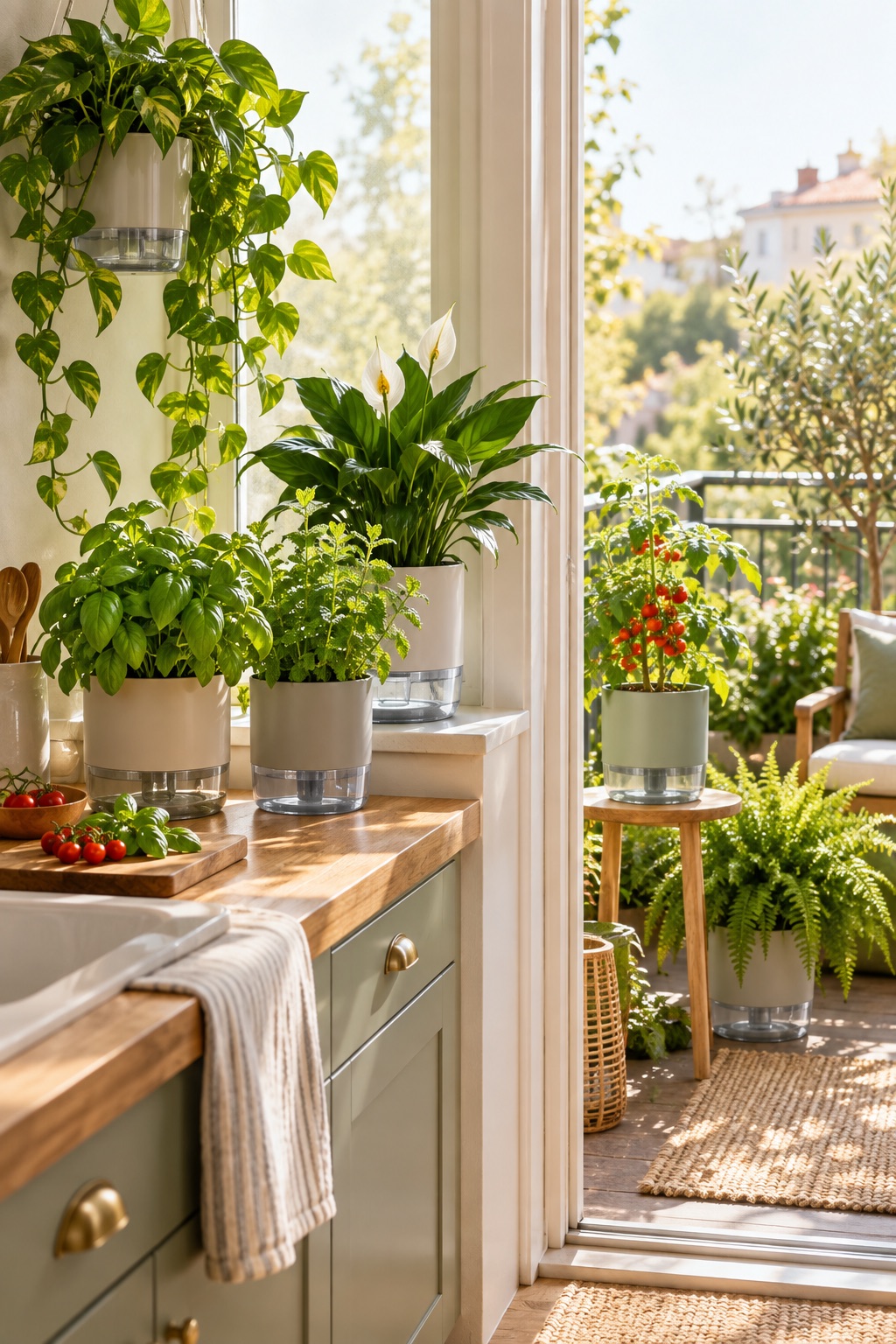 Indoor garden of self-watering planters with herbs and houseplants beside a bright balcony doorway