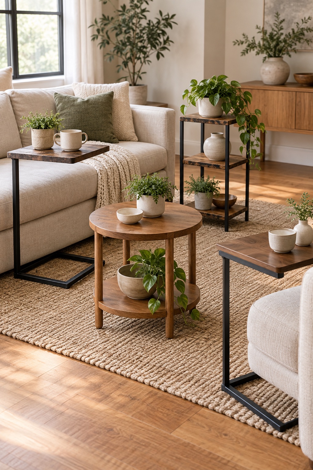 Compact side tables arranged in a bright small living room
