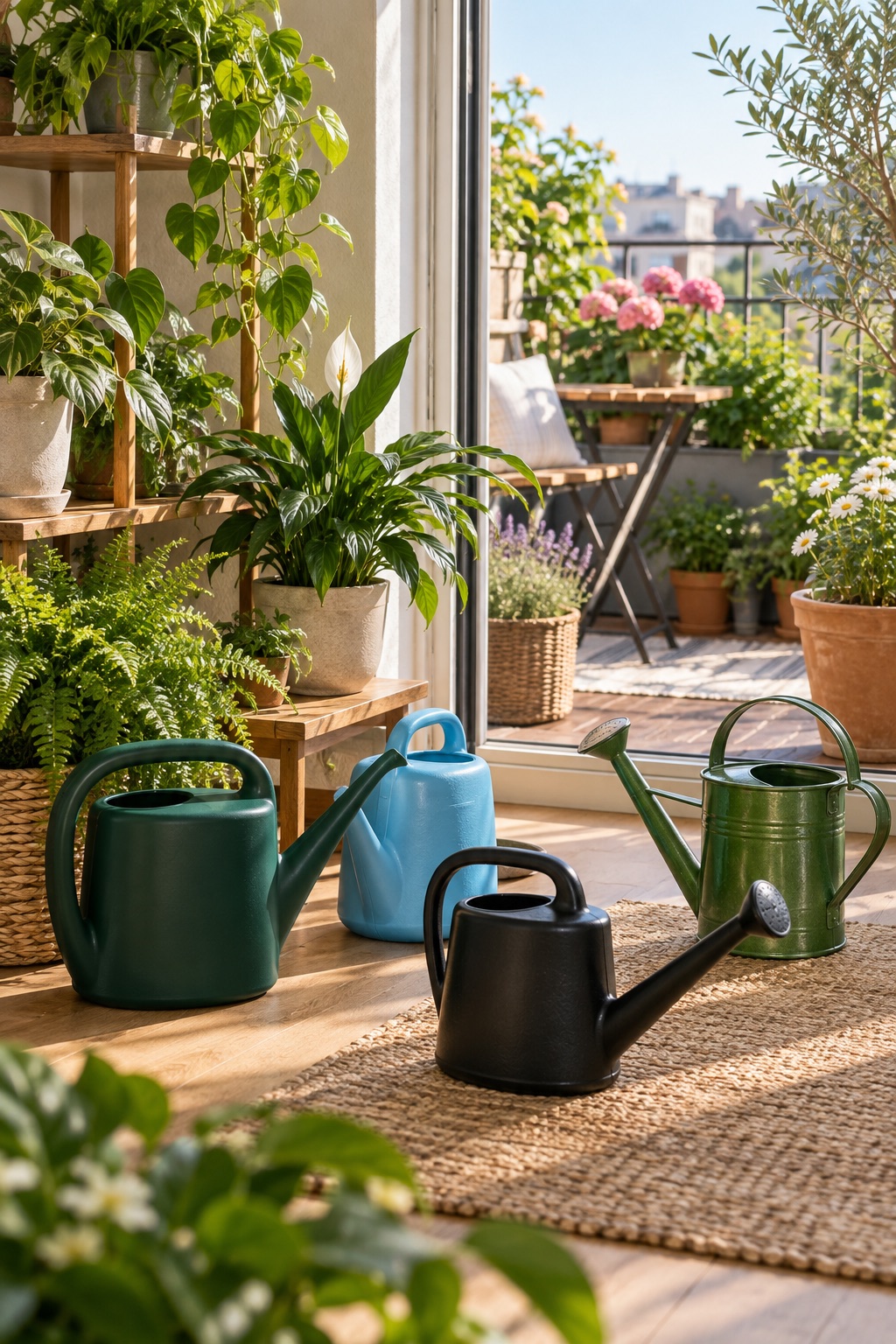 A collection of unbranded watering cans among indoor plants beside a sunny apartment balcony.