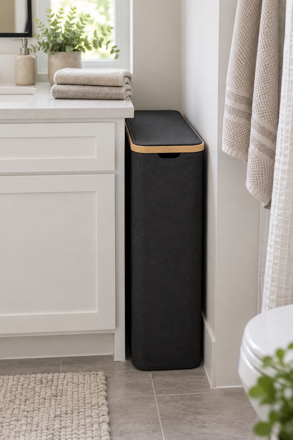 Slim black lidded laundry hamper tucked beside a bathroom vanity