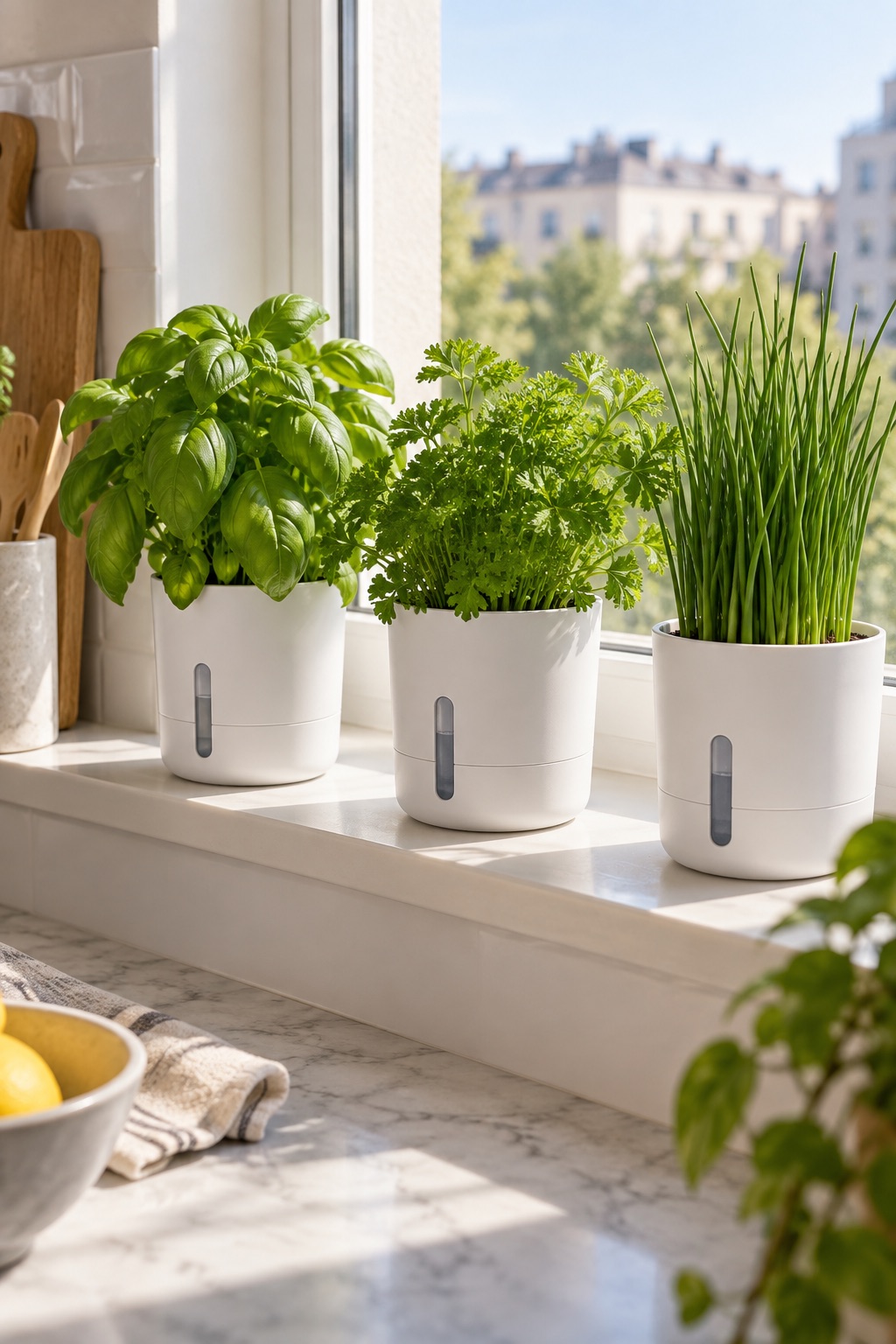 11 Self-Watering Planters for Indoor Herbs and Thirsty Houseplants Three compact self-watering planters with basil, parsley, and chives on a sunny kitchen windowsill